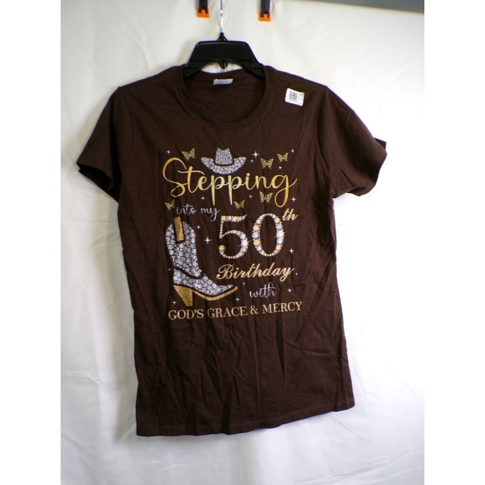 Women's Brown T Shirt Stepping Into My 50th Birthday God's Grace M